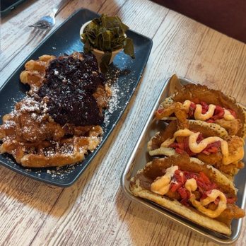 Treylor Park - Beach Party - Chicken and waffles with collard greens and blueberry compote. Pancake tacos with chicken - Cocktail Bars Near Me - Tybee Island, Georgia Treylor Park - Beach Party - Chicken and waffles with collard greens and blueberry compote. Pancake tacos with chicken - Cocktail Bars Near Me - Tybee Island, Georgia