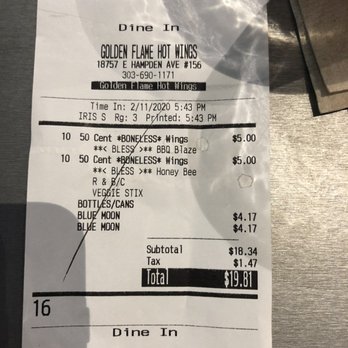 Golden Flame Hot Wings - Receipt - Chicken Wings Near Me - Aurora, Colorado Golden Flame Hot Wings - Receipt - Chicken Wings Near Me - Aurora, Colorado