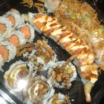 Moto Sushi - Rolls: red dragon, crunchy, spicy tuna, and soft shell crab. Hubby ate this. - Japanese Near Me - Glendale, California