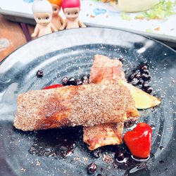 Taku Taku - Chimichanga dessert with strawberry-chream cheese filling, June 2019 (lovely!)