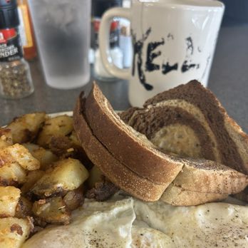 Toast - Morning view, marble rye toast, homefries, over easy eggs, coffeeeeee - Breakfast & Brunch Near Me - Hull, Massachusetts