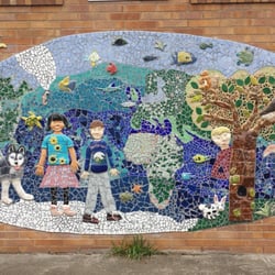 Hayhurst Elementary School - Art mural on exterior side of cafetorium. View from parking lot