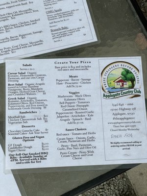 Menu photo 4 Applegate Country Club Applegate, OR