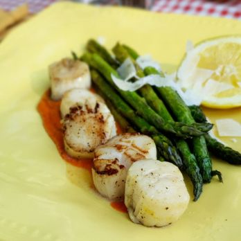 KOA Campground - Lemon, butter, and white wine seared scallops over romesco sauce, and asparagus with shaved parmesan. Mmmmm. - Campgrounds Near Me - Boone, North Carolina KOA Campground - Lemon, butter, and white wine seared scallops over romesco sauce, and asparagus with shaved parmesan. Mmmmm. - Campgrounds Near Me - Boone, North Carolina