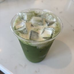 Matcha latte with pistachio milk, and a salted vanilla cold foam Matcha latte with pistachio milk, and a salted vanilla cold foam