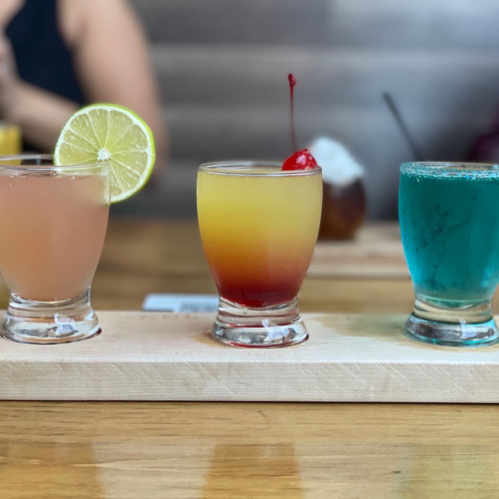 Get Toasted - Mimosa Flight ($15) from left to right (Guava Lime, Pineapple Sunrise, Blue Raspberry) - Breakfast & Brunch Near Me - Riverbank, California