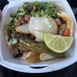 2 tacos, shrimp and beef