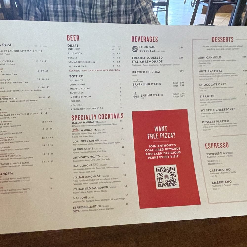 Anthony's Coal Fired Pizza & Wings - Beverage menu - Pizza Near Me - Monroeville, Pennsylvania
