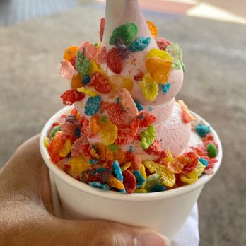 Kawaii Ice Wave - Dairy free strawberry & vanilla swirl with fruity pebbles on top for $6 - Shaved Ice Near Me - Mililani, Hawaii