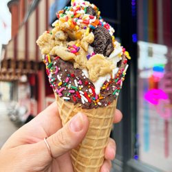 MN Nice Ice Cream - Cookie Monster  Cookie Dough, Oreo, Caramel, Sprinkles with a Sprinkle Cone