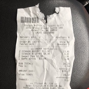 Shogun Buffet Hibachi Grill - Server tried ripping my receipt away after we told her we were not tipping . ! - Chinese Near Me - Asheville, North Carolina Shogun Buffet Hibachi Grill - Server tried ripping my receipt away after we told her we were not tipping . ! - Chinese Near Me - Asheville, North Carolina