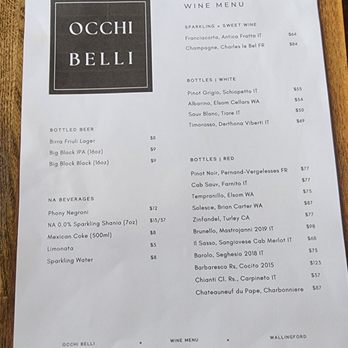 Occhi Belli - Beverage list & featured wines by the glass on chalkboards, not pictured (3/18/26) - Wine Bars Near Me - Seattle, Washington Occhi Belli - Beverage list & featured wines by the glass on chalkboards, not pictured (3/18/26) - Wine Bars Near Me - Seattle, Washington
