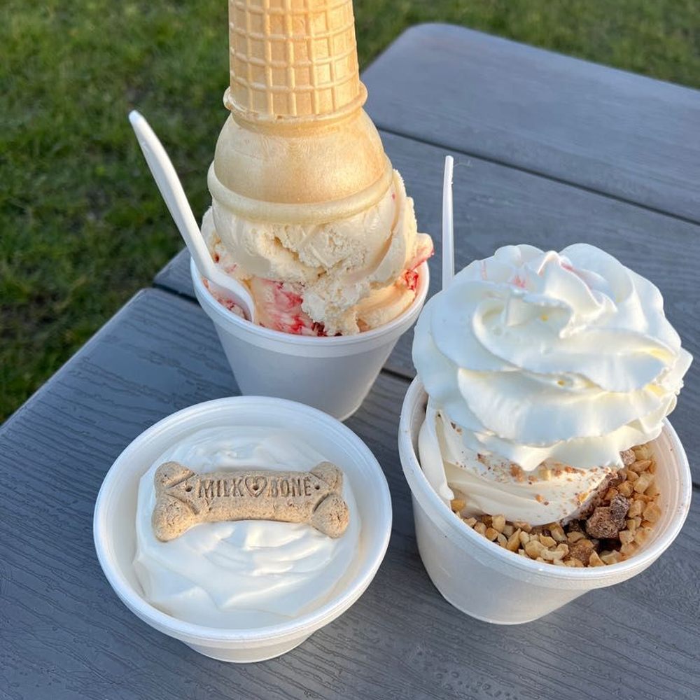 Strawberry Cheesecake soft serve, pup cup, Peanut butter brownie Sundae Strawberry Cheesecake soft serve, pup cup, Peanut butter brownie Sundae