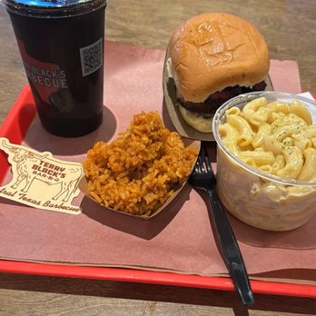 Terry Black's Barbecue - Brisket sandwich, rice, Mack and cheese, and fountain Dr. pepper. - Barbeque Near Me - Fort Worth, Texas
