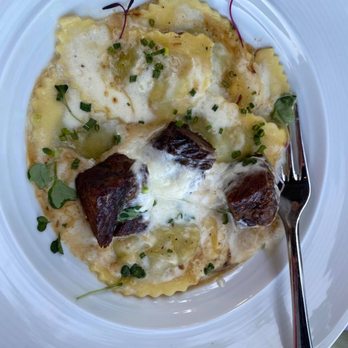 Ocean Grill - "Agnolotti" Homemade Stuffed Pasta From The Piemond Region, Mozzarella Di Bufala, Braised Short Ribs, Parmesan Cream, Thyme, Beef Jus - Mediterranean Near Me - Miami Beach, Florida