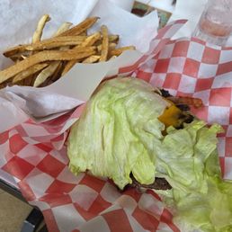 Bunless Porky burger and fries