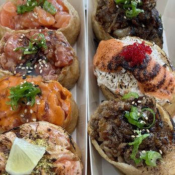 Atoyubu - Fresh Salmon, Fresh Ginger Tuna, Spicy Tuna, Lemon Pepper Salmon, Grilled Bulgogi, Myungran Crab (Top to Bottom, Left to Right) - Japanese Near Me - Buena Park, California