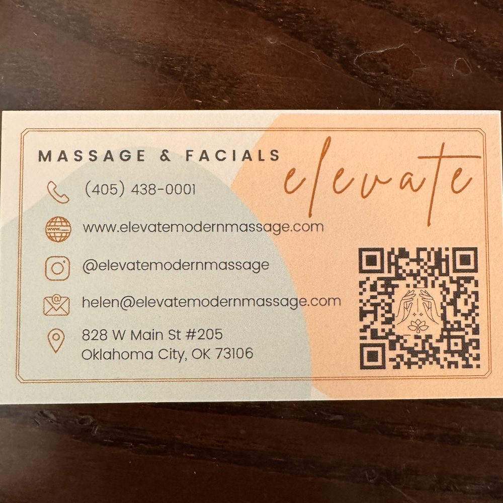 Elevate: Modern Massage - Business card with contact info - Massage Therapy Near Me - Oklahoma City, Oklahoma Elevate: Modern Massage - Business card with contact info - Massage Therapy Near Me - Oklahoma City, Oklahoma