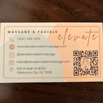 Elevate: Modern Massage - Business card with contact info - Massage Therapy Near Me - Oklahoma City, Oklahoma Elevate: Modern Massage - Business card with contact info - Massage Therapy Near Me - Oklahoma City, Oklahoma