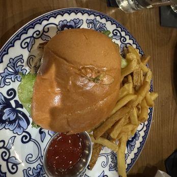 The Living Room - Lampshade smash burger and fries - very good! - New American Near Me - Wesley Chapel, Florida