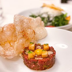 Alexander's Steakhouse - steak tartare w/ black truffle, quail egg, puff tendon