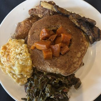 Noir Kitchen & Cocktails - Greens, Marconi and cheese, chicken ,lamb chops pancakes with sweet potatoes - Soul Food Near Me - Nashville, Tennessee Noir Kitchen & Cocktails - Greens, Marconi and cheese, chicken ,lamb chops pancakes with sweet potatoes - Soul Food Near Me - Nashville, Tennessee