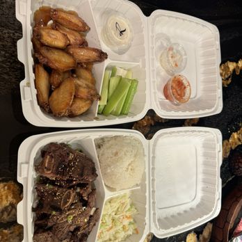 Wings Pan - The total of $45 !! Plain rice, overcooked Korean pork ribs, a spoon of coleslaw .... - Chicken Wings Near Me - Cheney, Washington