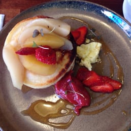Leavened pikelets with poached pear, maple syrup, lemon curd & rhubarb coulée