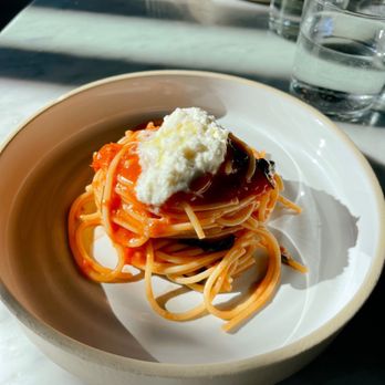 Terra - Spaghetti pomodoro with burrata cheese - Italian Near Me - Santa Clara, California Terra - Spaghetti pomodoro with burrata cheese - Italian Near Me - Santa Clara, California