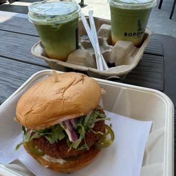 Bopomofo Cafe - two carrot matcha drinks and their honey walnut shrimp burger - Bubble Tea Near Me - San Gabriel, California