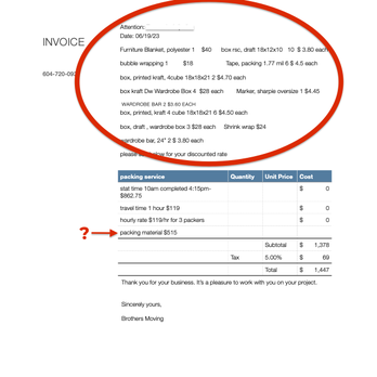Brothers Moving Services - screenshot of the invoice provided by Brothers Moving. - Movers Near Me - Vancouver, British Columbia Brothers Moving Services - screenshot of the invoice provided by Brothers Moving. - Movers Near Me - Vancouver, British Columbia