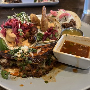 Mexcal - Left to right...quesaburria, tempura shrimp, soft shell crab, short rib! - Mexican Near Me - Reno, Nevada Mexcal - Left to right...quesaburria, tempura shrimp, soft shell crab, short rib! - Mexican Near Me - Reno, Nevada