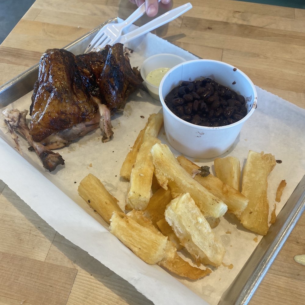 Red Fuego - 1/2 chicken, black beans, and yuca fries. - Peruvian Near Me - Lehi, Utah Red Fuego - 1/2 chicken, black beans, and yuca fries. - Peruvian Near Me - Lehi, Utah