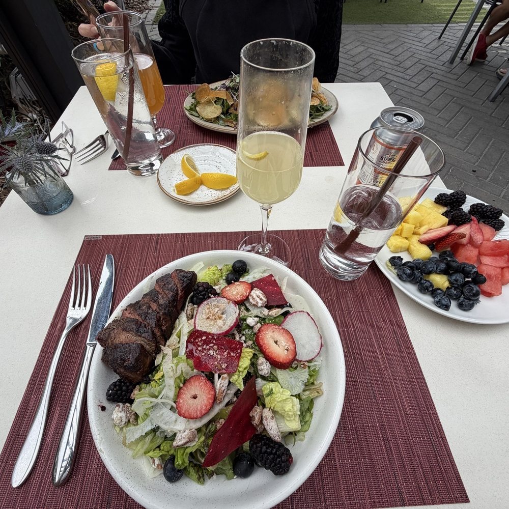 Farmhouse Salad with Sirloin, side Fruit Plate, French 75 Farmhouse Salad with Sirloin, side Fruit Plate, French 75