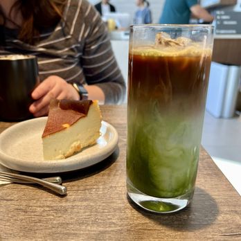 Simply Coffie - Matcha Latte with Uji + Basque Cheesecake - Coffee & Tea Near Me - Houston, Texas