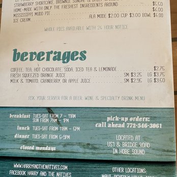 Harry And The Natives - Menu (back cover) - Breakfast & Brunch Near Me - Hobe Sound, Florida