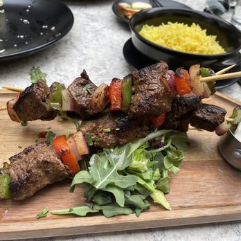 Virtue + Vice - Beef skewer with a side of (yummy) basmati rice - Cocktail Bars Near Me - Danville, California Virtue + Vice - Beef skewer with a side of (yummy) basmati rice - Cocktail Bars Near Me - Danville, California