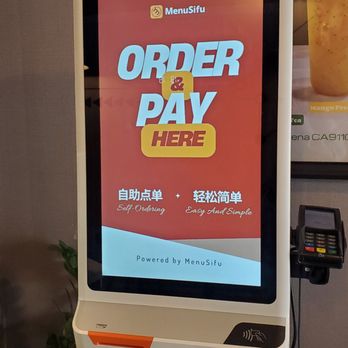 7 TEA - A self-service ordering kiosk with a touchscreen interface at a beverage shop, showing instructions for ordering and payment. - Coffee & Tea Near Me - Pasadena, California