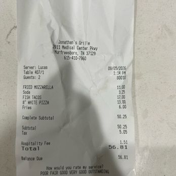 Jonathan's Grille - Receipt for a party of two - American Near Me - Murfreesboro, Tennessee Jonathan's Grille - Receipt for a party of two - American Near Me - Murfreesboro, Tennessee
