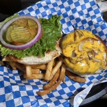 Black Diamond Oyster Bar - Burger with American cheese and onions. Side of fries. - Seafood Near Me - Corpus Christi, Texas Black Diamond Oyster Bar - Burger with American cheese and onions. Side of fries. - Seafood Near Me - Corpus Christi, Texas