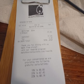 matchbox - Lenny informed me that she would give me a discount for the inconvenience. As you can see that's actually the price of the meal. - New American Near Me - Silver Spring, Maryland