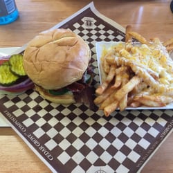 Miller Creek Cafe - Bacon cheese burger with jalapeños and cheese fries...$10 total