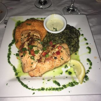 Fish Thyme - Stuffed salmon, mashed sweet potatoes, and creamed spinach. - Cafes Near Me - Acworth, Georgia Fish Thyme - Stuffed salmon, mashed sweet potatoes, and creamed spinach. - Cafes Near Me - Acworth, Georgia