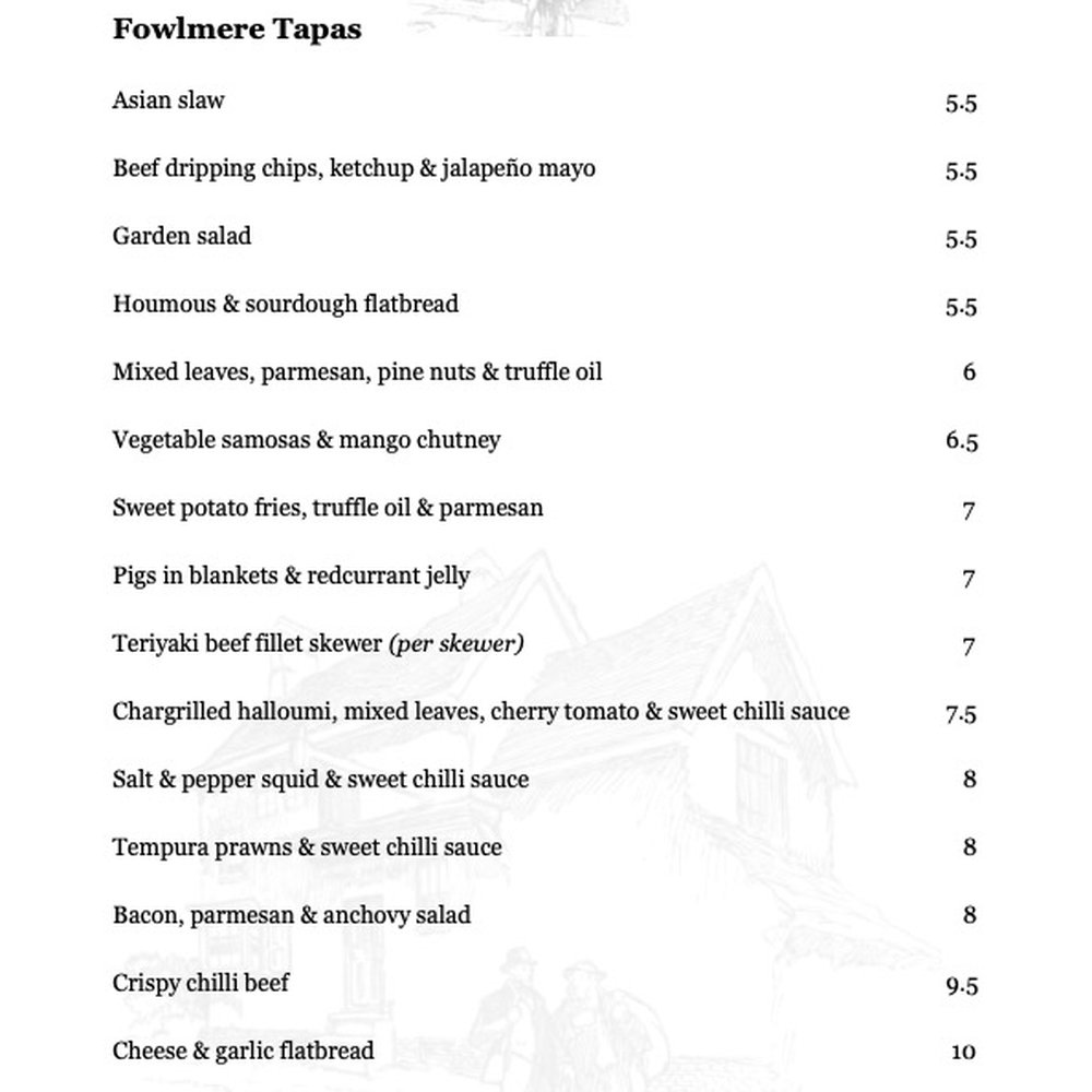 The Chequers - Sample tapas menu 2025 - British Near Me - Royston, HRT