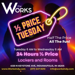 The Works - Promotional graphic for Half Price Tuesday at The Works Indy featuring discounted lockers and rooms every Tuesday.