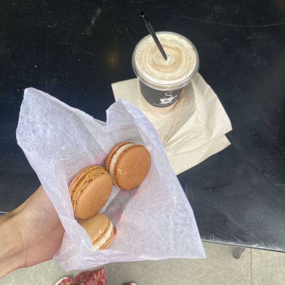 Steven’s Cafe - Macarons (tiramisu, caramel, and coconut) with a Almond Joy protein smoothie - Breakfast & Brunch Near Me - Weehawken, New Jersey Steven’s Cafe - Macarons (tiramisu, caramel, and coconut) with a Almond Joy protein smoothie - Breakfast & Brunch Near Me - Weehawken, New Jersey