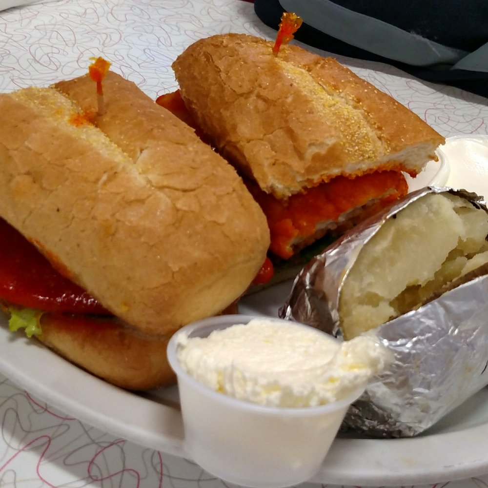 Chase's Diner - Buffalo chicken fingers sandwich with baked potato - Diners Near Me - Chandler, Arizona Chase's Diner - Buffalo chicken fingers sandwich with baked potato - Diners Near Me - Chandler, Arizona