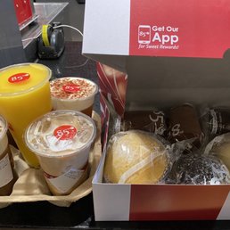 3 Sea Salt Caramel Iced Coffee, 85 Degrees Iced Coffee & Mango Slush with boba along with some pastries.