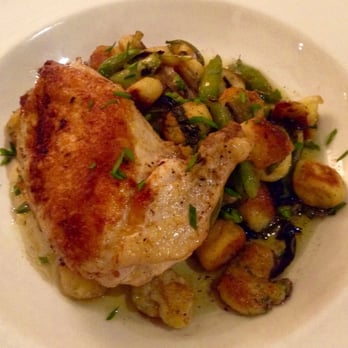 Marche - Roasted chicken breast with gnocchi, brown butter & snap peas. - French Near Me - Eugene, Oregon