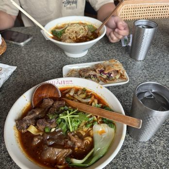 Mian - Braised beef soup noodles, house beef pancake roll, and house beef soup noodles in the back - Szechuan Near Me - Honolulu, Hawaii